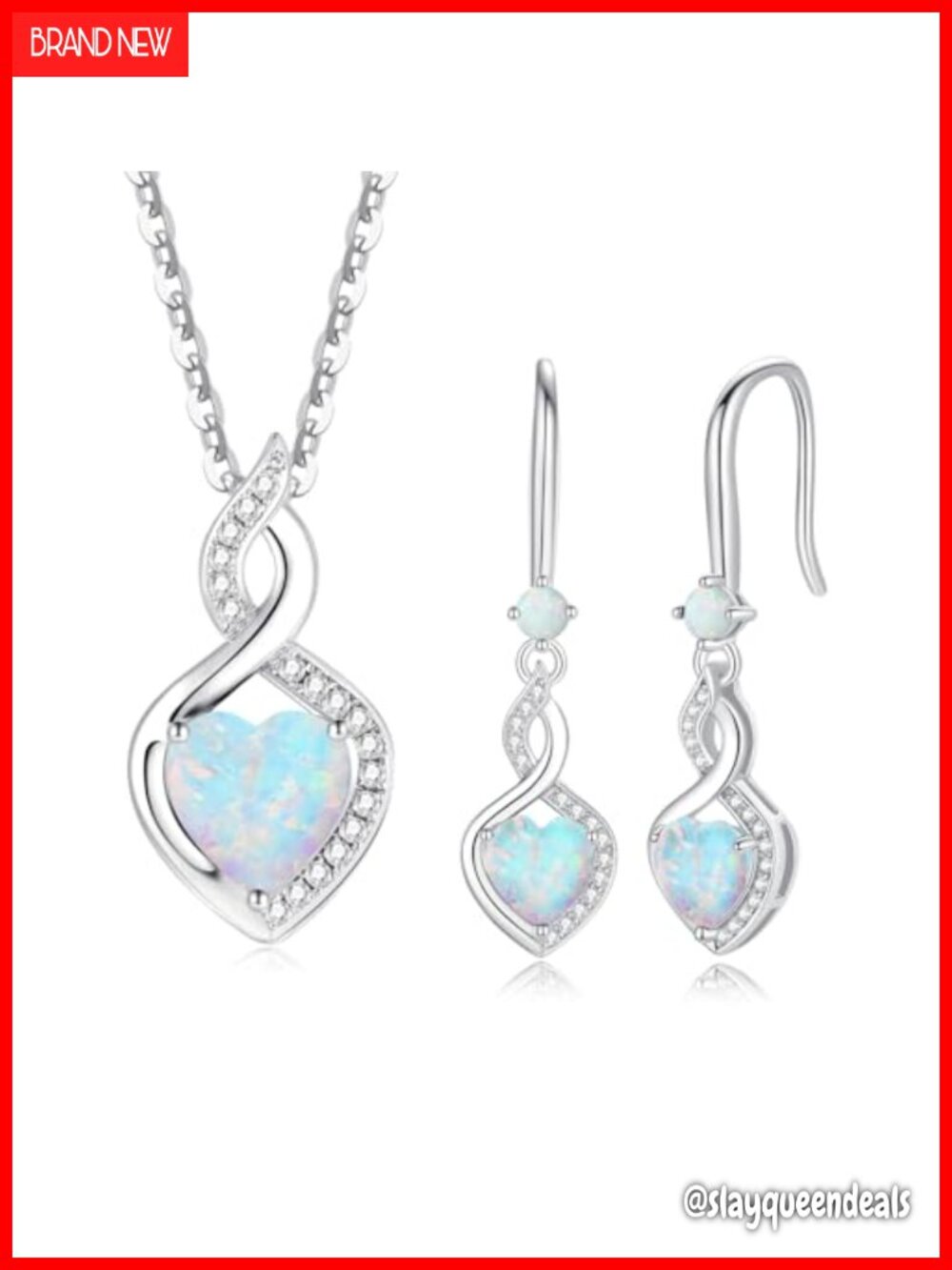 Opal Heart Necklace Earrings Set Sterling Silver 925 Diamond Birthday Gift